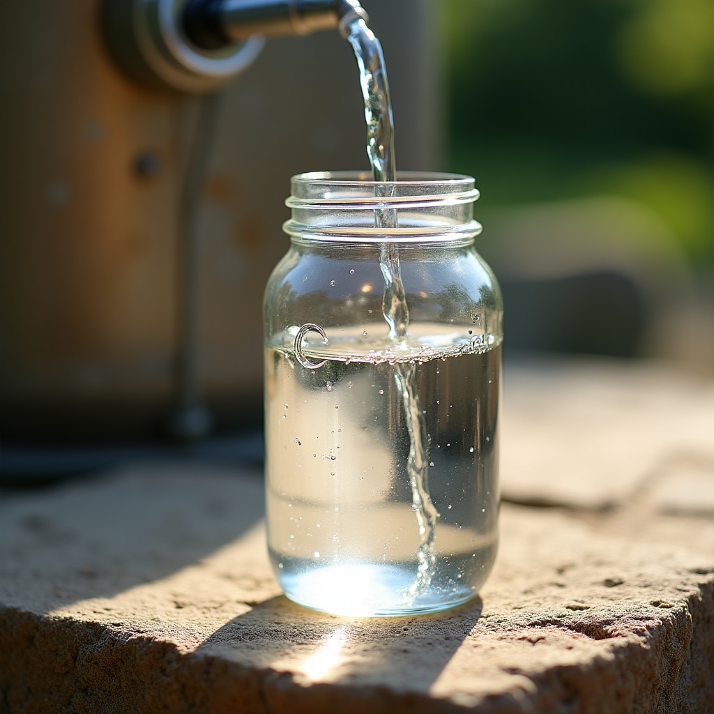 Agua destilada recolectada en un recipiente limpio junto al destilador