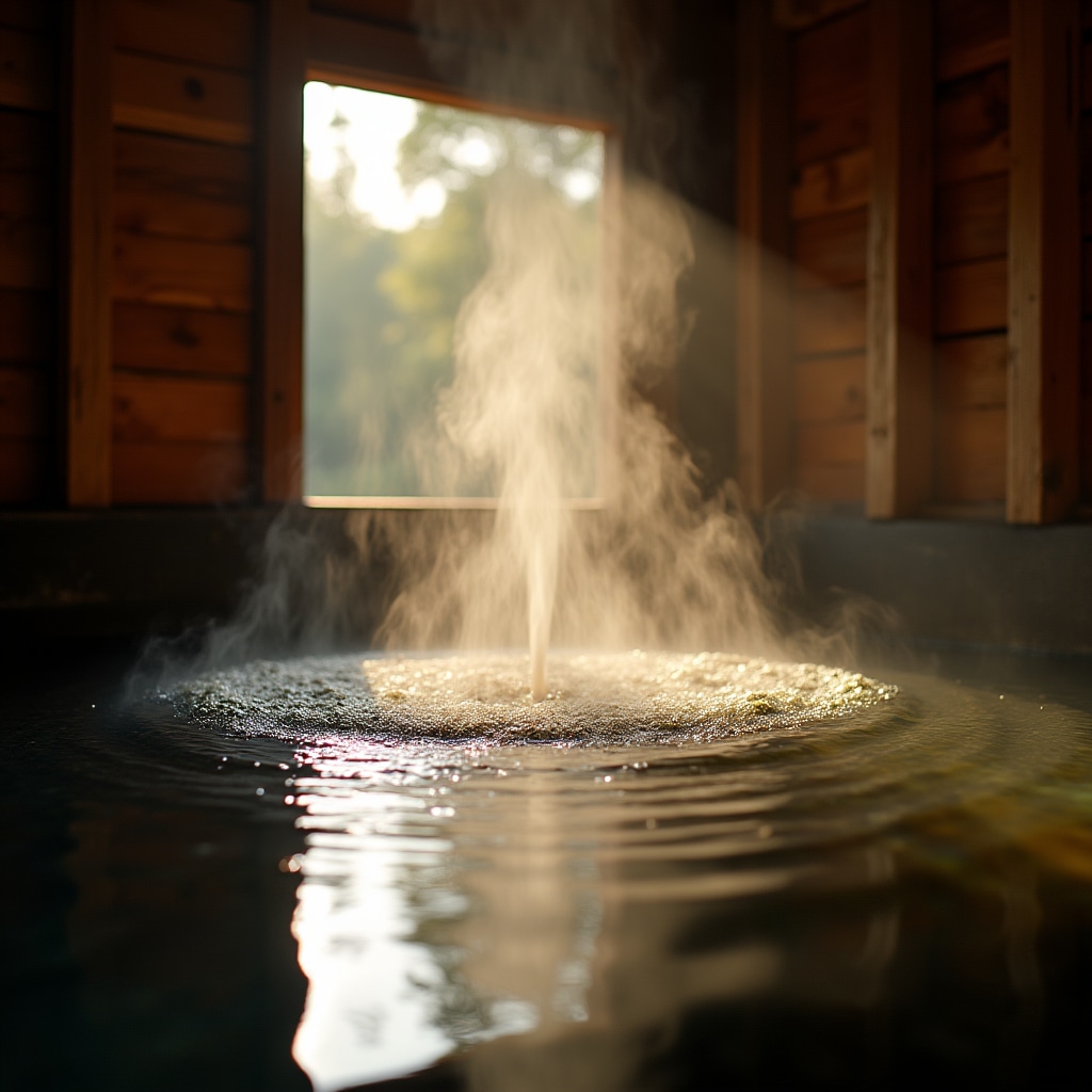 Vapor de agua visible ascendiendo desde la superficie caliente del destilador