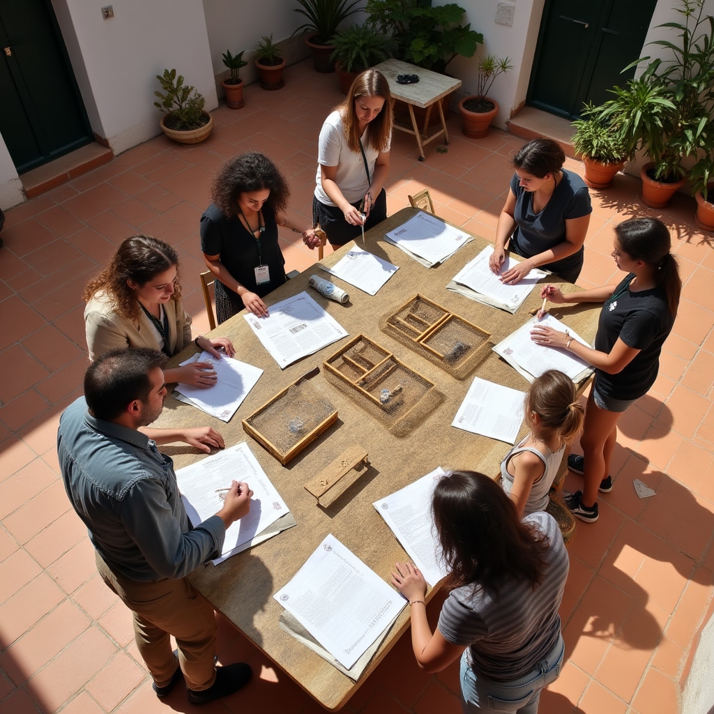 Grupo de participantes trabajando en taller al aire libre con destiladores solares