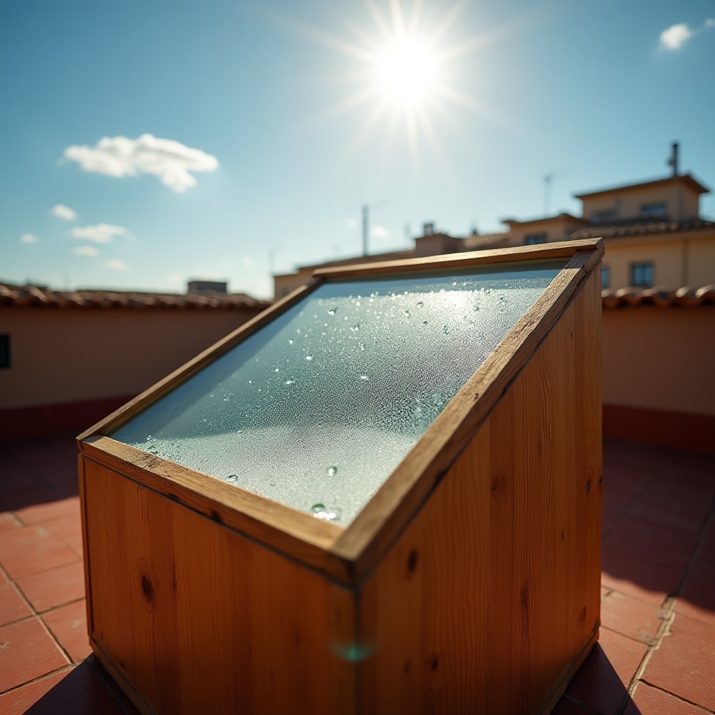 Destilador solar captando luz solar sobre superficie de agua